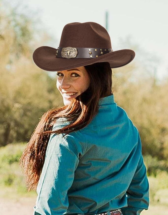 FGSS Classic-Western-Cowboy-Hat Upturn-Brim Felt-Cowgirl-Hat Rodeo-Hats with Belt for Women Men (Fit for 22.4-23.2") - Image 4